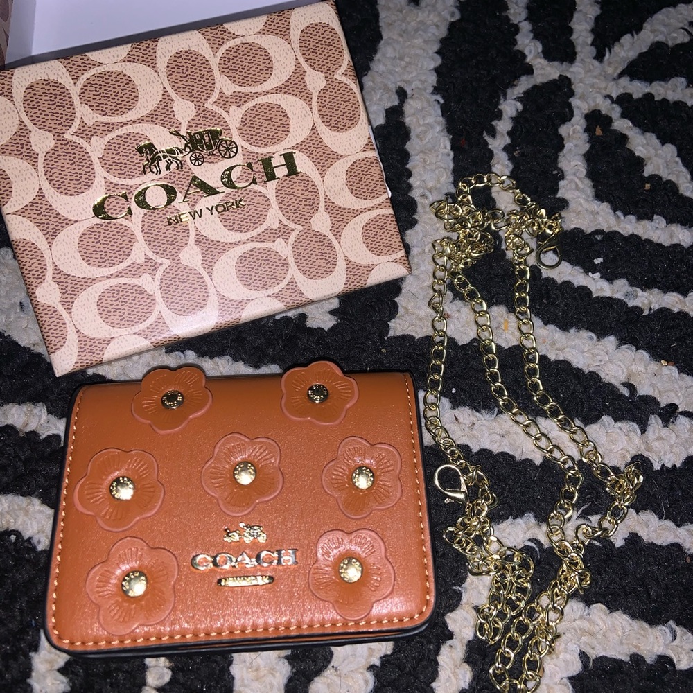 Coach Brown floral appliqué Wallet with Gold Chain